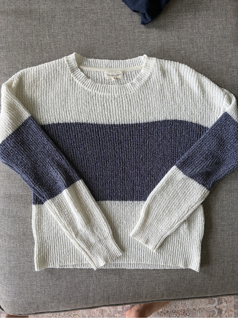 Thread & Supply Cream and Navy Wide-Stripe Crewneck Sweater